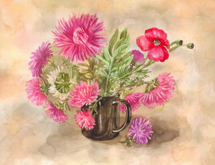 Watercolor vintage picture with bouquet of pink asters and red poppy on beige background