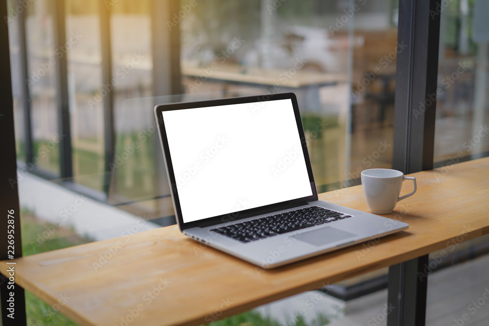 Poster mock up using laptop with blank screen computer modern