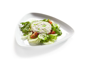 Hummus, Humus or Hommos with Salad Isolated on White Background