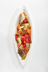Fried Fish with Vegetables in Sweet and Sour Sauce Top View