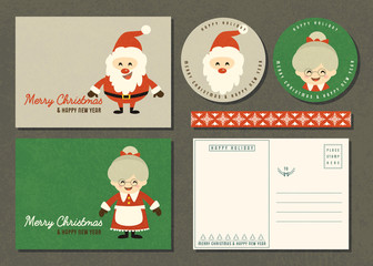 Merry Christmas and Happy new year greeting card set with cartoon character