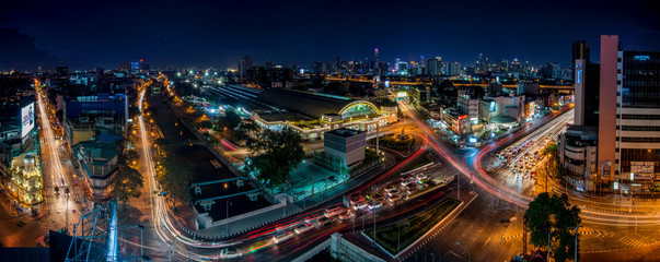 BANGKOK, THAILAND - MAY 12, 2018 :  Bangkok City View at beautiful landmark of Bangkok, Bangkok railway station., known as Hua Lamphong station in Bangkok, Thailand.