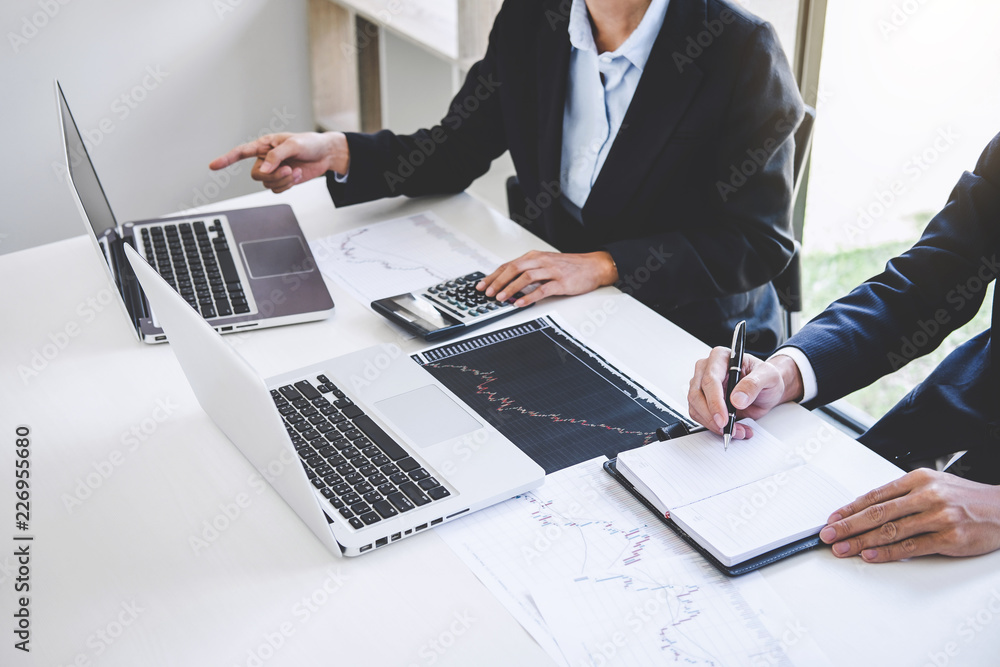 Poster business team investment working with computer and analysis graph stock market trading with stock ch