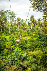 Young tourist woman swinging on the cliff in the jungle rainforest of a tropical Bali island.
