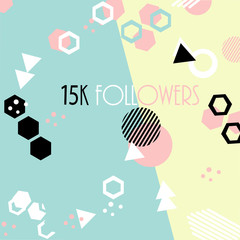 15k followers card banner template for celebrating many followers in online social media networks.Vector pattern of colored likes 10K subscribers