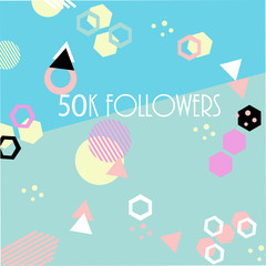 50k followers card banner template for celebrating many followers in online social media networks.Vector pattern of colored likes 50K subscribers