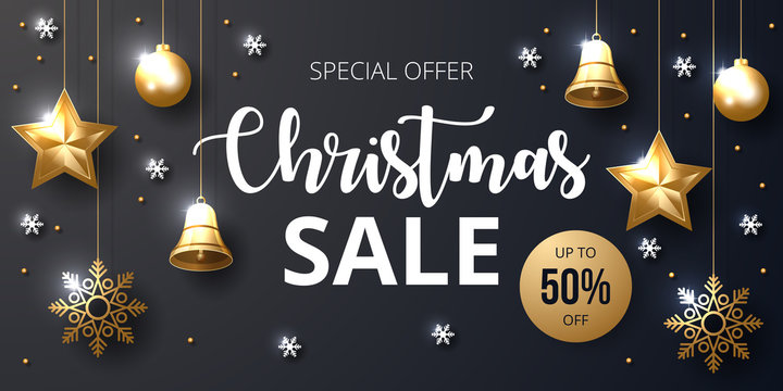 Christmas sale banner with shining gold and white ornaments.