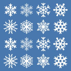 Fototapeta na wymiar Snowflake vector icon background set blue color. Winter white christmas snow flake crystal element. Weather illustration ice collection. Xmas frost flat isolated silhouette symbol