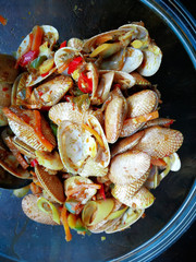 Malaysian dishes spicy Paphia textile, lala masak pedas. selective focus.