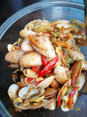 Malaysian dishes spicy Paphia textile, lala masak pedas. selective focus.