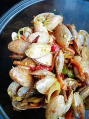 Malaysian dishes spicy Paphia textile, lala masak pedas. selective focus.