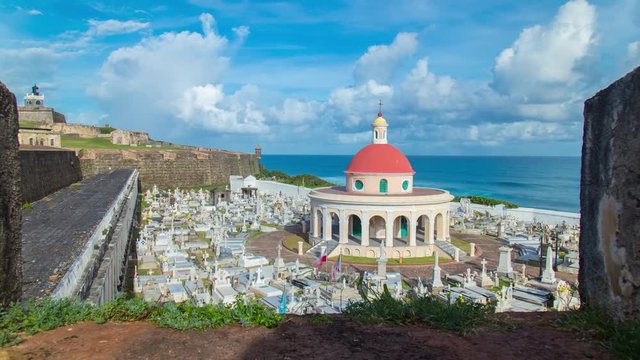 Old colonial cemetery time lapse hyperlapse with ocean in San Juan town, Puerto Rico