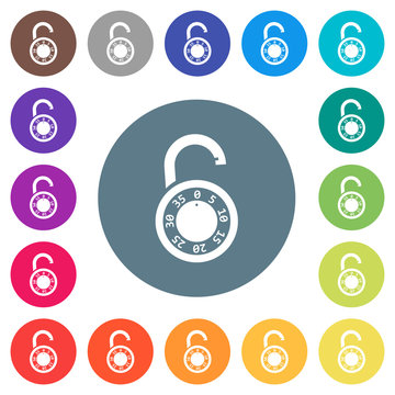 Unlocked round combination lock flat white icons on round color backgrounds