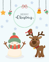 Merry Christmas. Santa Claus, snowman and reindeer. Christmas card.