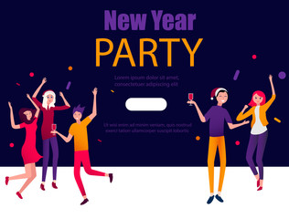 New Year party poster with happy people.