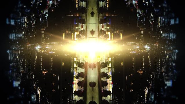 Abstract Mirror City Aerial with Gold Light Splitting Crack