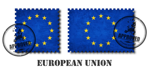 Obraz na płótnie Canvas European union flag ( EU ) pattern postage stamp with grunge old scratch texture and affix a seal on isolated background . Black color country name with abrasion . Square and rectangle shape . Vector