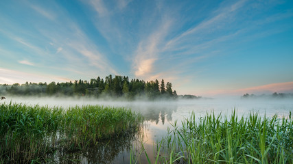 Fog over the summer river. Moscow region. Russia.