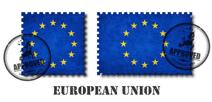European union flag ( EU ) pattern postage stamp with grunge old scratch texture and affix a seal on isolated background . Black color country name with abrasion . Square and rectangle shape . Vector