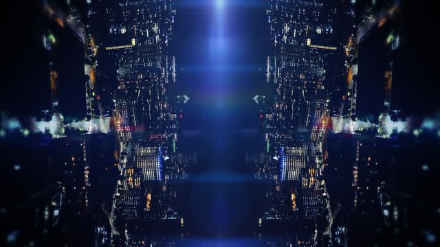 Glowing Neon City Lights Abstract Mirror Aerial Background