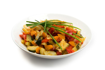 Fried Vegetable Mix with Zucchini, Sweet Pepper, Tomatoes, Onions Close Up