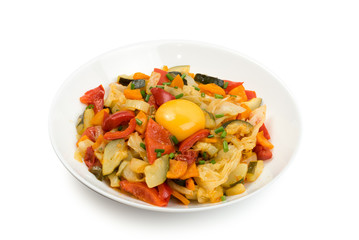 Fried Vegetable Mix with Zucchini, Sweet Pepper, Tomatoes, Onions Close Up