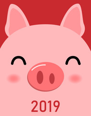 Cute cheerful pig cartoon. Happy New Year concept. Chinese symbol of the 2019 year. Vector greeting card in flat style that can be used as background, poster and banner.