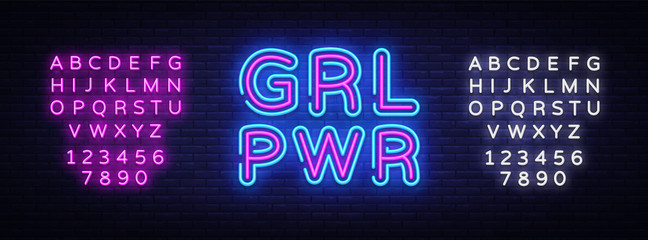 Girl Power neon sign vector. Grl Pwr Design template neon sign, light banner, neon signboard, nightly bright advertising, light inscription. Vector illustration. Editing text neon sign