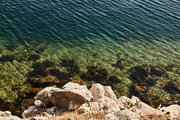 clear water in the Bay of Kotor. Adriatic sea in Montenegro. Turquoise water