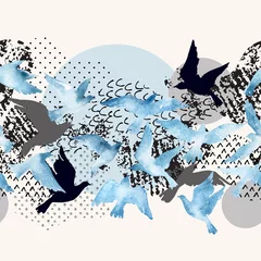 Fototapete Grafikdrucke Künstlerischer Aquarellhintergrund: fliegende Vogelsilhouetten, flüssige Formen, gefüllt mit minimalen, Grunge, Doodle-Texturen.