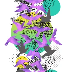 Poster Artistieke aquarel achtergrond: vliegende vogel silhouetten, vloeiende vormen gevuld met minimale, grunge, doodle texturen. © Tanya Syrytsyna