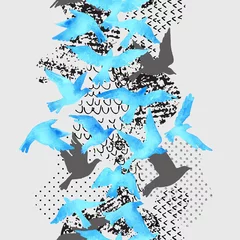 Foto op Plexiglas Artistieke aquarel achtergrond: vliegende vogel silhouetten, vloeiende vormen gevuld met minimale, grunge, doodle texturen. © Tanya Syrytsyna