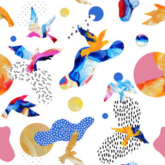 Abstraktes nahtloses Muster von fliegenden Vogelsilhouetten, fließenden Formen, geometrisch, minimal, Grunge, Kritzeleien, Texturen