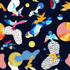 Wandcirkels tuinposter Abstract naadloos patroon van vliegende vogelsilhouetten, vloeibare vormen, geometrisch, minimaal, grunge, krabbels, texturen © Tanya Syrytsyna