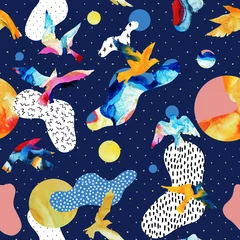 Wandcirkels tuinposter Abstract naadloos patroon van vliegende vogelsilhouetten, vloeibare vormen, geometrisch, minimaal, grunge, krabbels, texturen © Tanya Syrytsyna