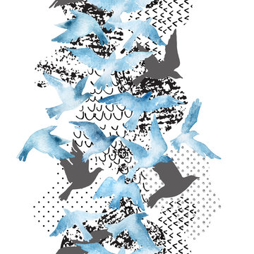 Artistic watercolor background: flying bird silhouettes, fluid shapes filled with minimal, grunge, doodle textures