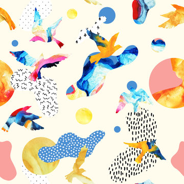 Abstract seamless pattern of flying bird silhouettes, fluid shapes, geometric, minimal, grunge, doodles, textures
