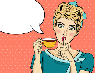Sexy blonde pop art woman with coffee cup - 226967216