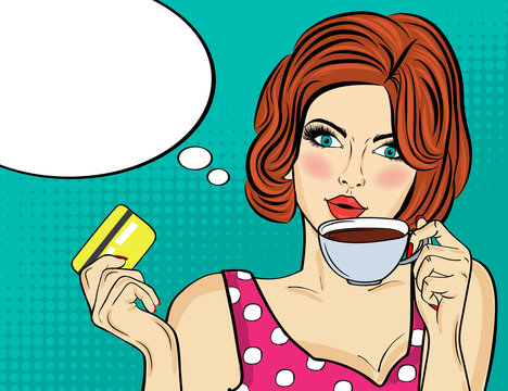 Sexy pop art woman with coffee cup