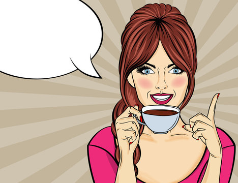 Sexy pop art woman with coffee cup