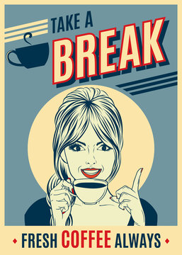 advertising coffee retro poster with pop art woman