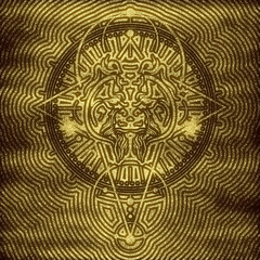 Mystical geometry symbol. Linear alchemy, occult, philosophical sign. Decorative orangutan head. For music album cover, poster, sacramental design. Astrology and religion concept.