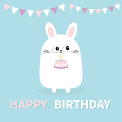 Happy Birthday. White bunny rabbit holding cake, candle. Paper flags hanging. Funny head face. Big eyes. Cute kawaii cartoon character. Baby greeting card template. Blue background. Flat design.