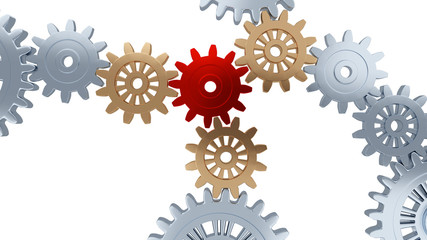 Top view of Big Metallic Gears with Small Red and Orange Pieces