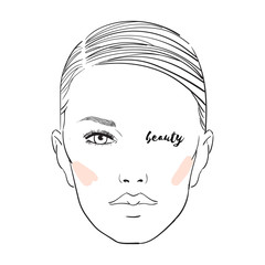 Beautiful woman face with nude makeup hand drawn vector illustration. Stylish original graphics portrait with beautiful young attractive girl model. Fashion, style, beauty. Graphic, sketch drawing.