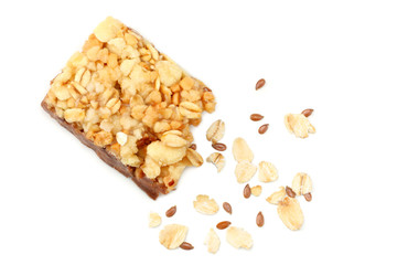 Healthy granola bar ( muesli bar or cereal bar ) isolated on white background. top view