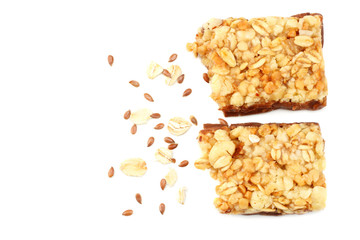 Healthy granola bar ( muesli bar or cereal bar ) isolated on white background. top view