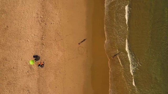 VERTICAL Aerial. ZOOMING OUT. People on sandy beach.
