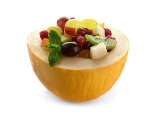 Melon bowl with delicious fruit salad on white background