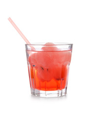 Glass of fresh watermelon lemonade on white background